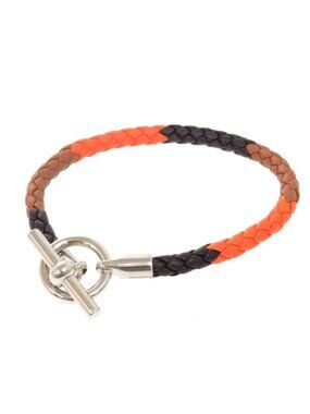 Hermes Grennan Leather Orange Brown Black Silver Hardware Bracelet Accessory